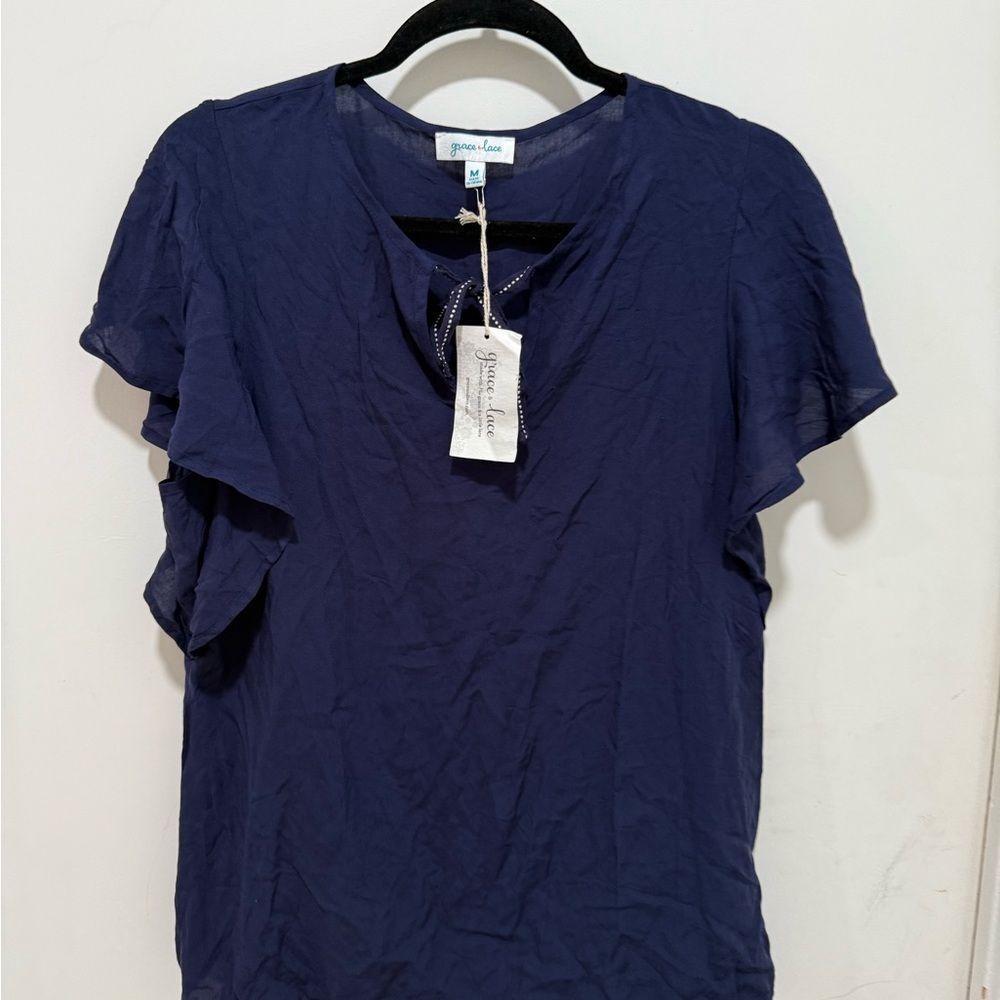 Grace & Lace Blue Flutter Sleeve Ruffled Blouse